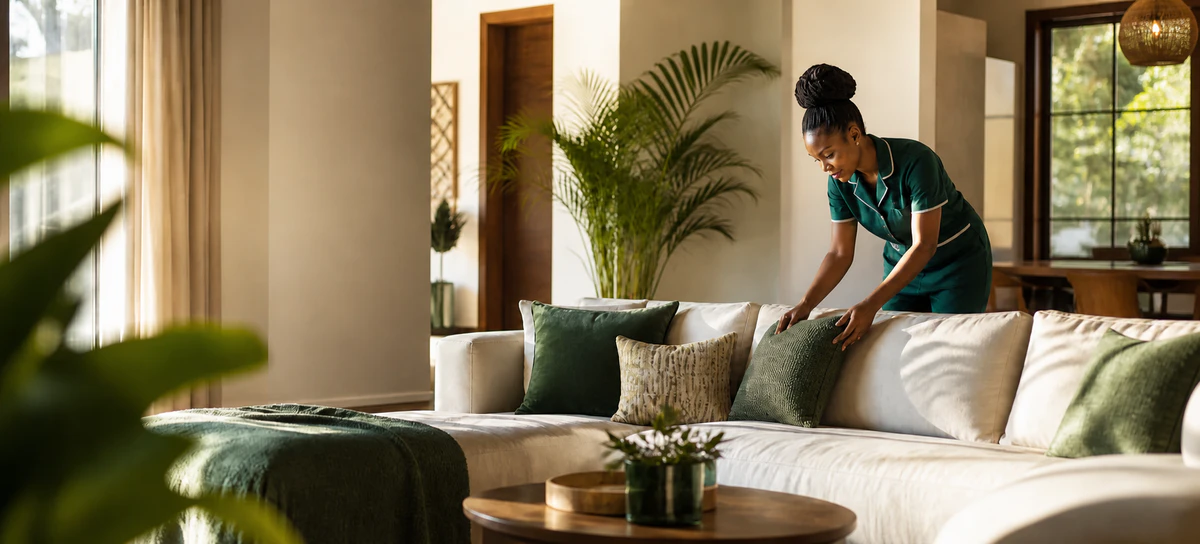A Happy Place cleaner arranging a bright contemporary living room
