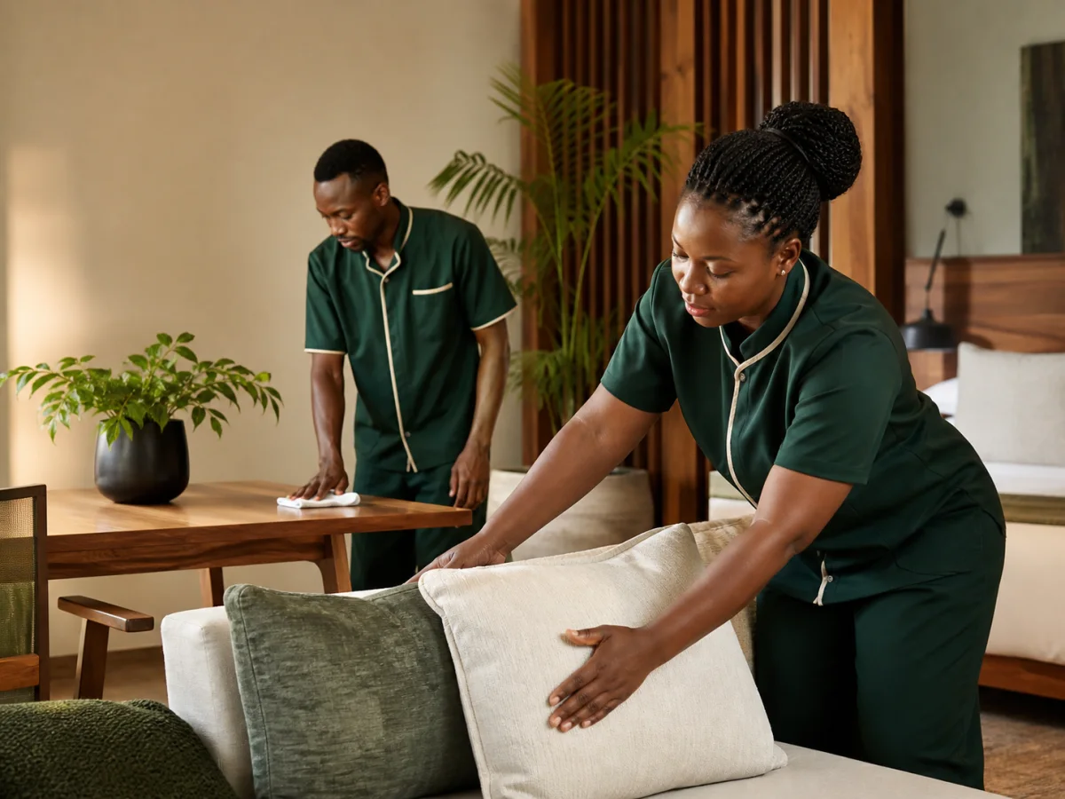 Two Happy Place cleaners carefully preparing a contemporary room